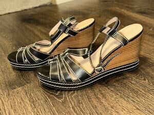 Etienne Aigner Black Leather White Stich Wooden Wedge Women’s SZ 8.5